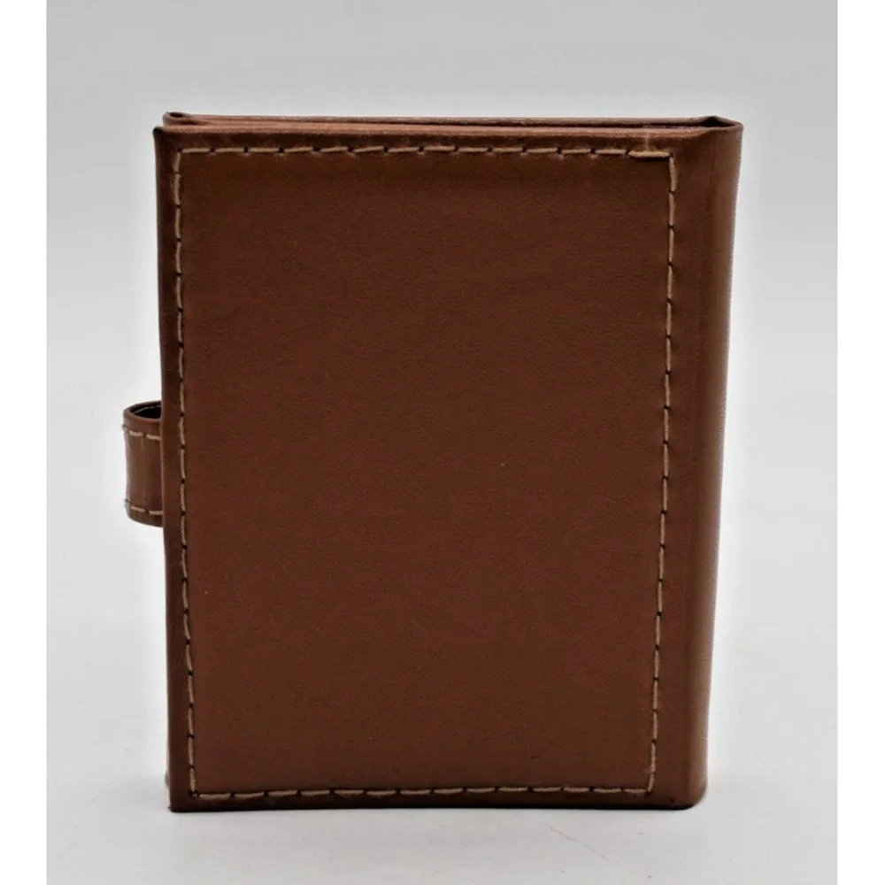 Bulova Triple Folding Photo Album Travel Picture Frame Leather Brown Snap Close